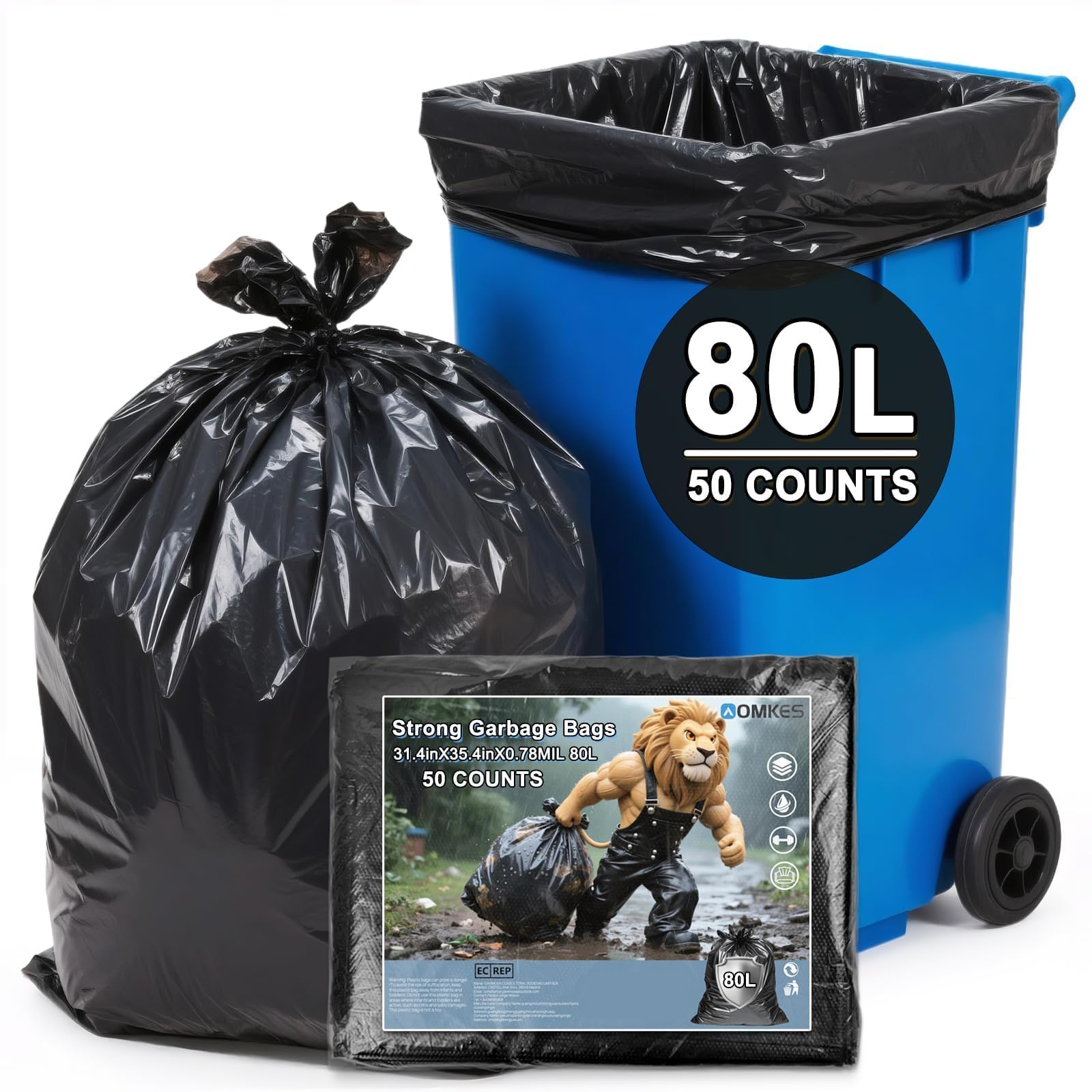 Lot de 50 sacs poubelle anti déchirures et fuites grand format 75l 80l noir