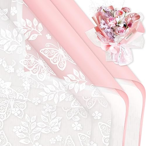 JarThenaAMCS 50 hojas de papel de regalo floral de mariposa, papel de ramo de flores de panal rosa y blanco, papel de embalaje de floristería de