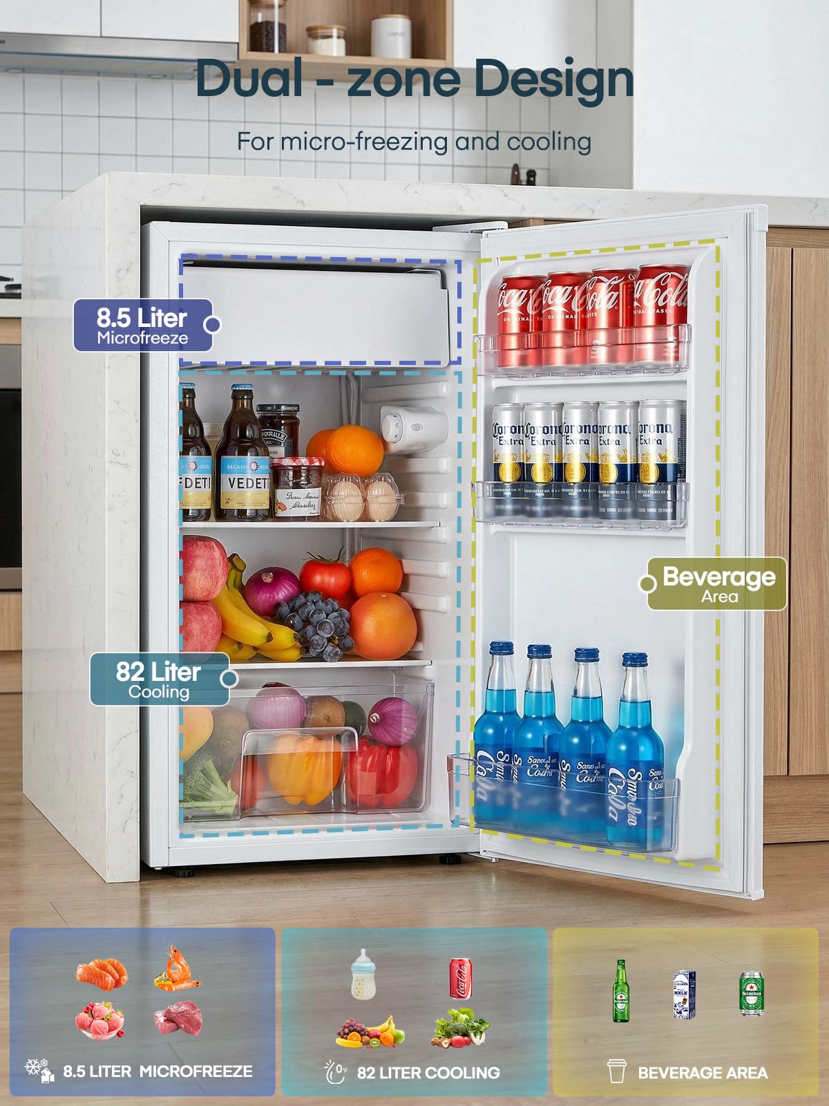 FOHERE Frigorifero Piccolo 90L, Frigorifero Monoporta con Fresh Zone, 7 Termostato Regolabile, Silenzioso, Scomparto per Verdure, Frigo da Ufficio, Camera, Bianco