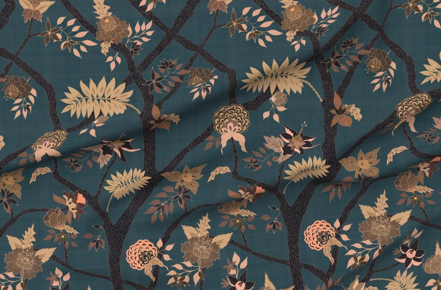 Spoonflower Fabric - Teal Peony Branch Bro Floral Large Scale Chinoiserie Botanical Printed on Petal Cotton Fabric Fat Quarter - Sewing Quilting Apparel Crafts Decor