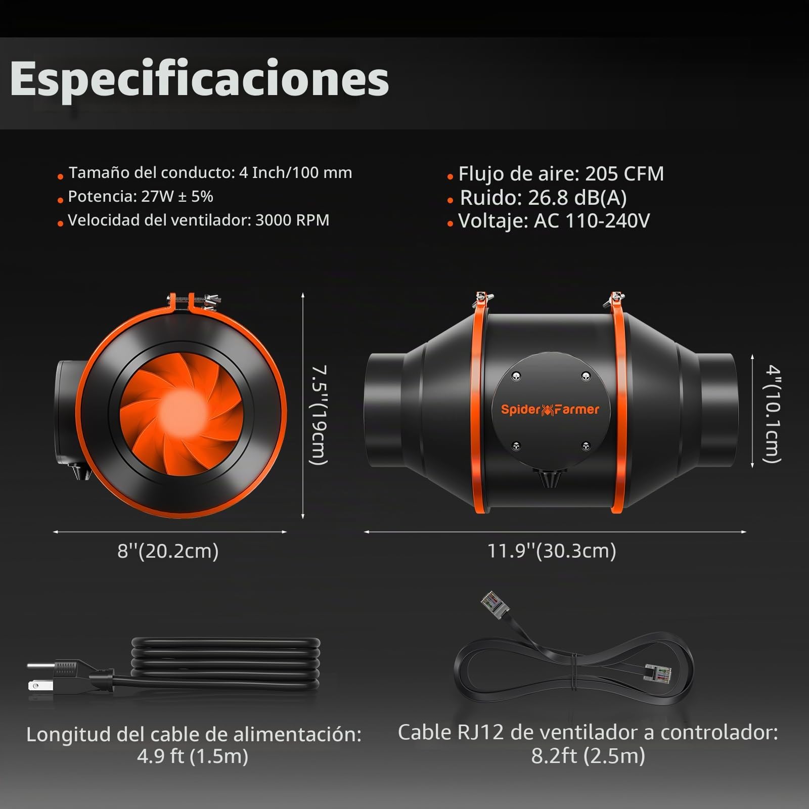 SPIDER FARMER Ventilador en línea de 10,2 cm con control de temperatura y humedad, ventilación, extractor para tiendas de cultivo Hidroponía Calefacción Refrigeración Flujo de aire