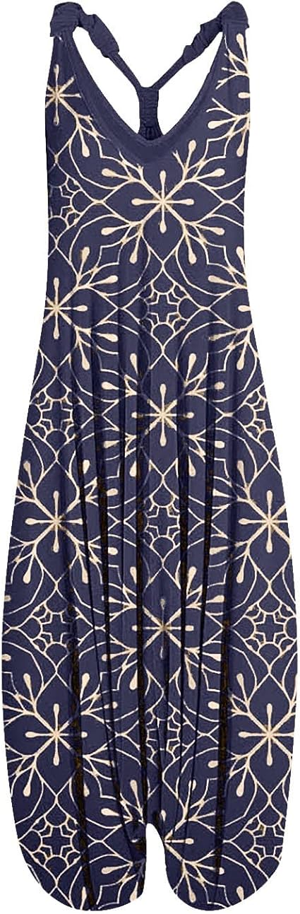 OIOLOYJM Summer Plus Size Boho Overalls for Women 2025 Fashion Jumpsuits Loose Fit Rompers Floral Printed Baggy Harem Pants