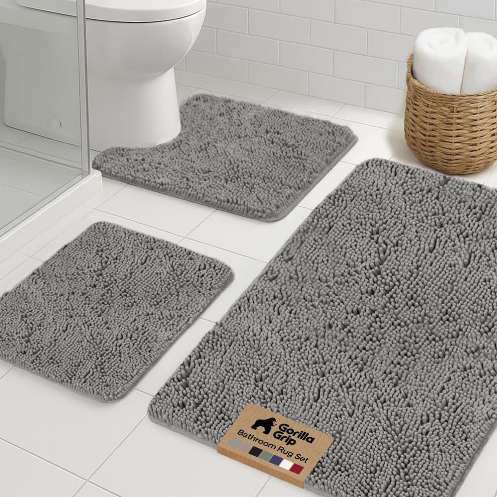 GORILLA GRIP Bathroom Rug Sets 3 Piece, Bath Mat Set and Oval Toilet Base with Rubber Backing, Plush Absorbent Shaggy Chenille Washable Mats, Includes 24x19.5, 24x17 and 36x24 Inch Rugs, Grey