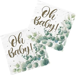 Sage Greenery Baby Shower Disposable Paper Napkins 3-ply Boho Greency Beverage Napkins for Sage Greenery Baby Shower Party（6.5X6.5 in, 50-Pack)