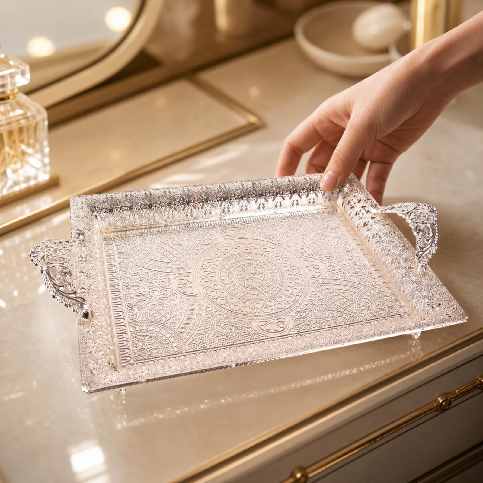 TISHITA Bandeja Rectangular Elegante, Oro