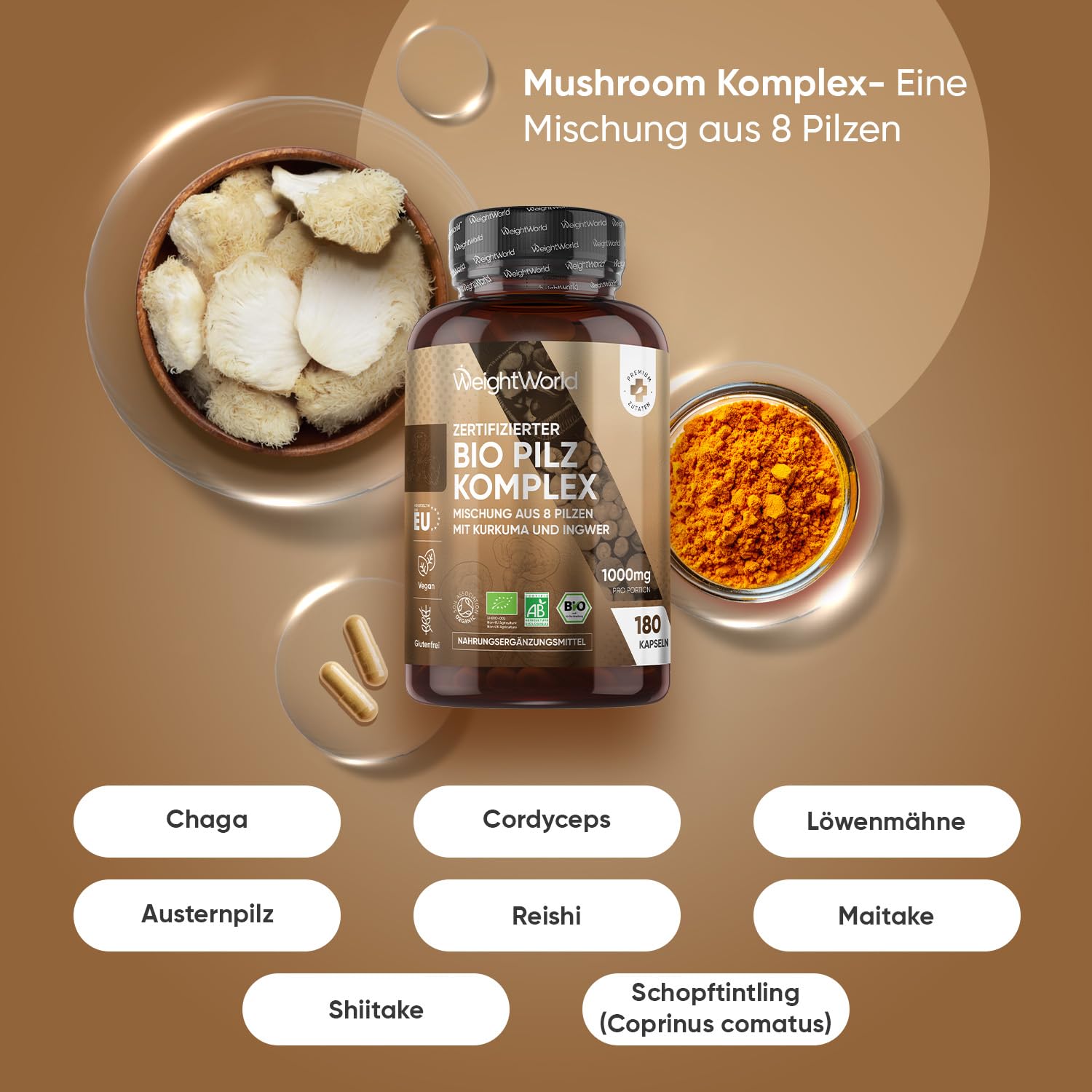 Organic Mushroom Complex - Mischung aus 8 Pilzen - 180 Kapseln mit Lions Mane Pilz, Reishi, Chaga, Shiitake, Cordyceps, Kurkuma, Ingwer, Maitake - BIO Pilz Komplex - Hericium Erinaceus von WeightWorld