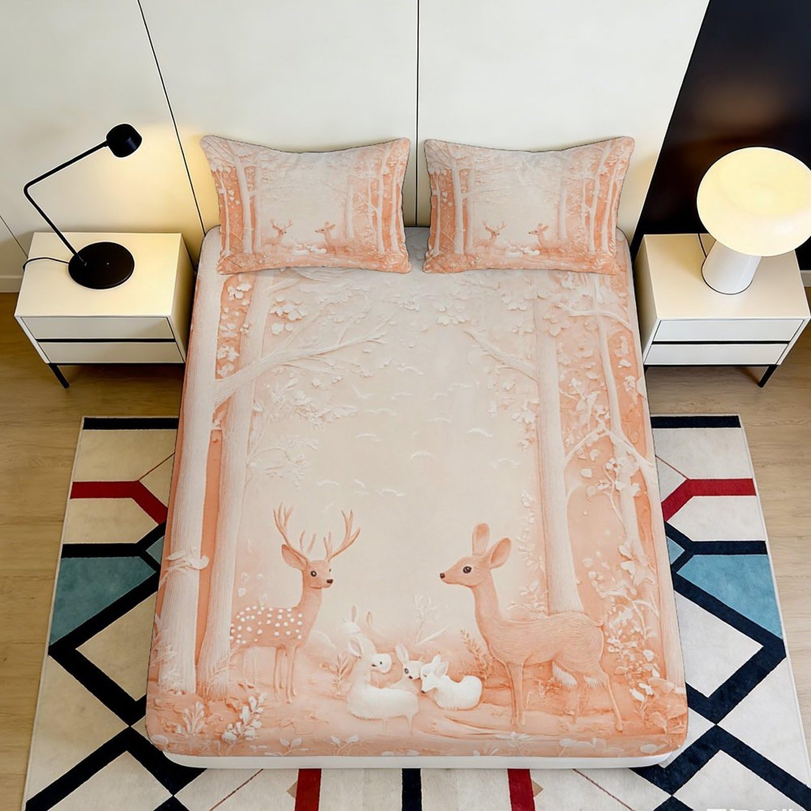 3D Printed Deer Forest Fitted Sheet Microfiber Soft Breathable Woodland Animals Mattress Cover for Bedroom Dormitory Guest Room Mattress Protection Decor 200x200x25cm