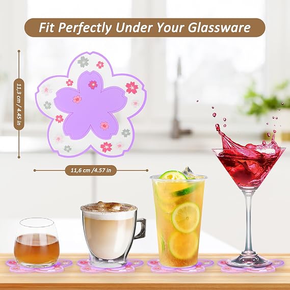Coasters for Drinks, Modern Floral Pattern Silicone Coasters, Set of 4 Non-Slip Cup Mat Suitable for Kinds of Cups (Flower Purple)