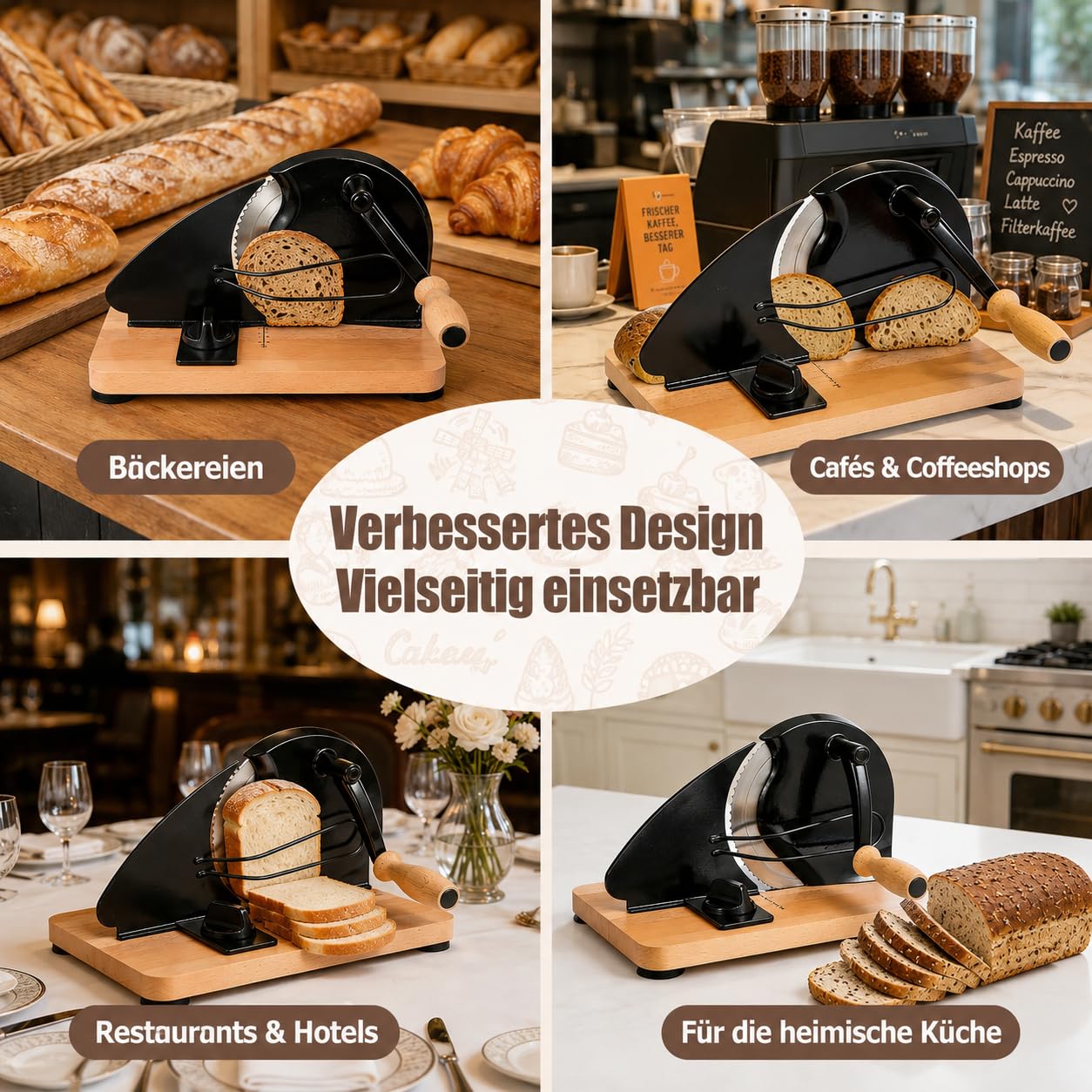 Brotschneidemaschine Manuell mit Handkurbel,Brotschneider mit Verstellbarer Scheibenbreite 0-2,2 cm,Edelstahl Klinge & Massivholz,Tragbare Schneidemaschine mit Saugnäpfen für Sauerteig Brot&Roggen