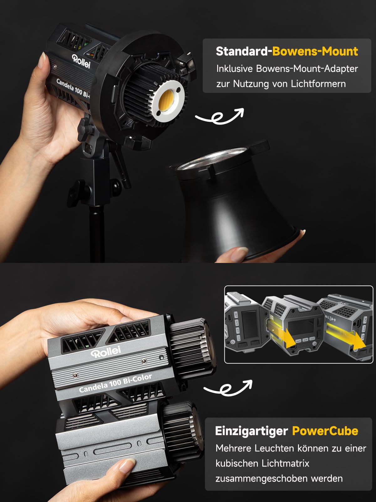 Rollei Candela 100 Bi Color Led Videolicht 100W 2700K~6500K Stufenlose Helligkeitsregulierung Dauerlicht Fotografie Ultrakompakt&Leicht 800g APP Smarte Bedienung, Videolicht-Fotolicht-Video-Light-LED