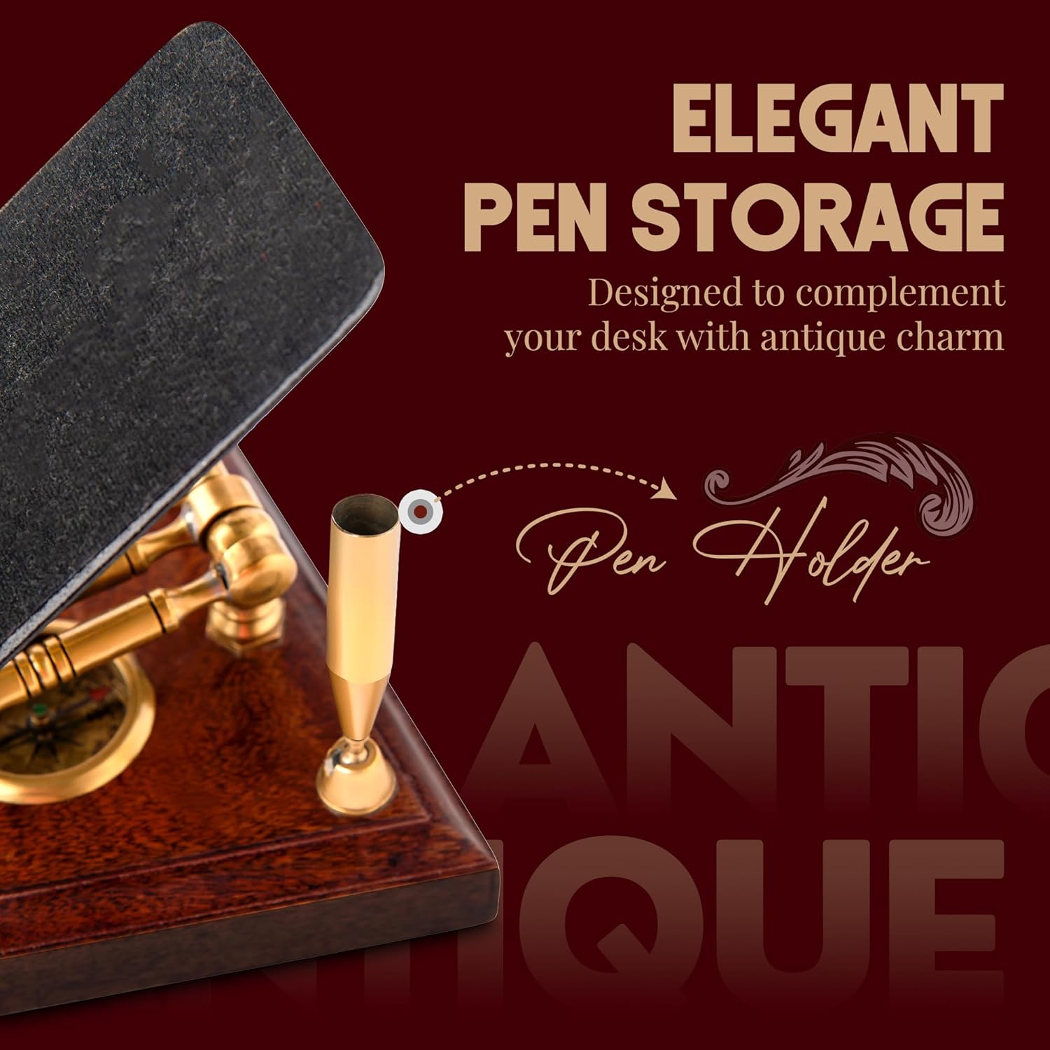 Wooden Mobile Phone Stand with Brass Pen & Compass – Vintage Desk Organizer, Multifunction Smartphone Holder for Office, Home & Study – Unique Gift for Men, Women, Dad, Mom, Birthday and Christmas