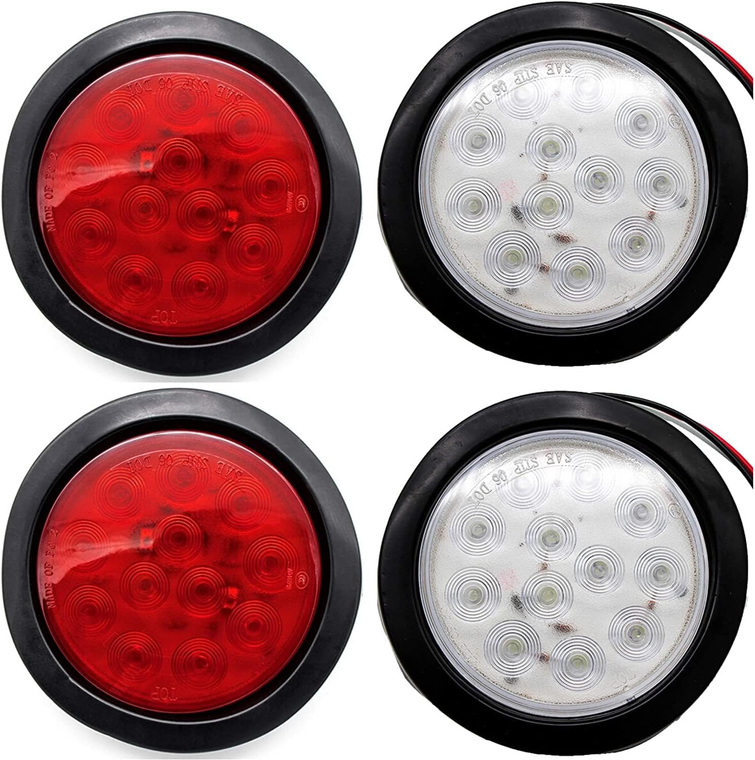 4" Inch White and Red 12 LED Round Stop/Turn/Tail/Reverse/Backup Trailer Light Kit with 3 wire Pigtail Plug & Grommet (Qty 2 Red + Qty 2 White) (Mix, 2 Red + 2 White)