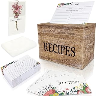 Recipe Box,100 Recipe Cards with Dividers,100 Card Protectors,Rustic Woo...