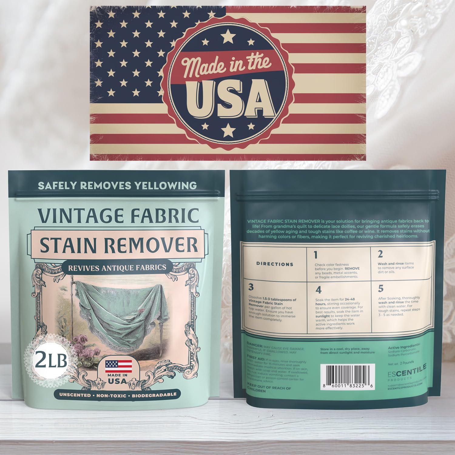 Vintage Fabric Stain Remover - Safely Cleans Retro & Antique Textiles - Made in the USA - Gently Removes Yellowing & Tough Stains From Vintage Linens, Quilts, Dresses, Doilies 32 Ounce (Pack of 1)