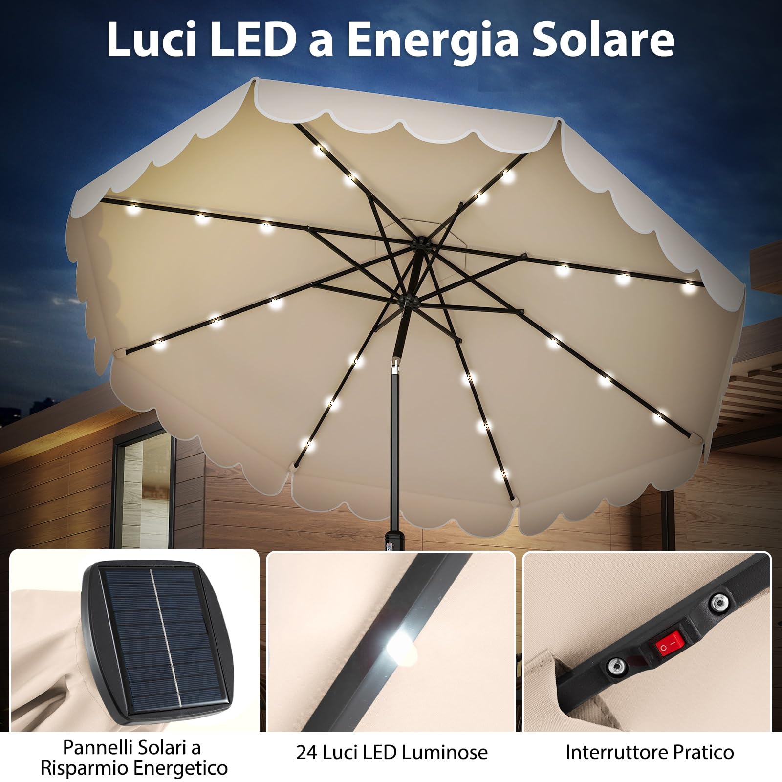COSTWAY Ombrellone da Giardino 300 cm, con 24 Luci LED Solari, Inclinazione Regolabile, Manovella, 8 Stecche, Anti-UV, Top Ventilato, Idrorepellente, Giardino Piscina Patio (Beige)