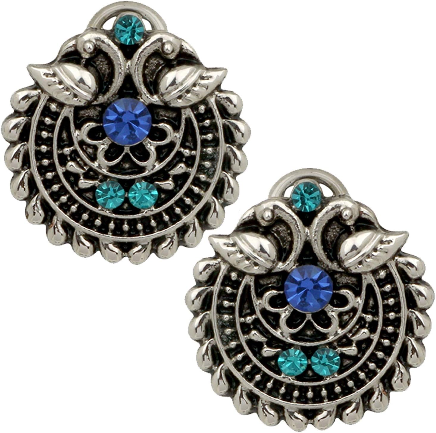 Mahi Silver Oxidized Traditional Green and Blue Crystal Stud Earrings for Women and Girls ER1109653R