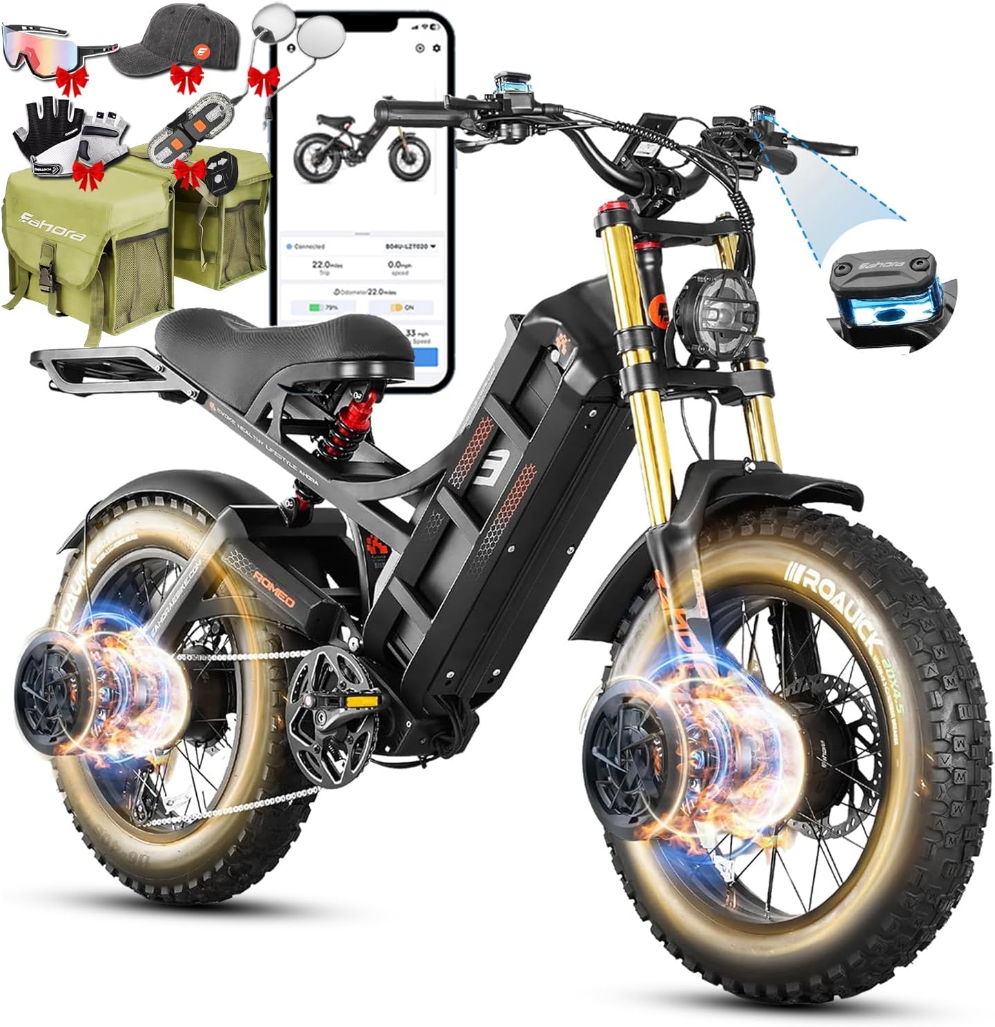 eAhora Romeo Pro 3 Electric Bike - [2026 Latest] 50MPH 5600W Dual Motor 60V 80AH 250Miles Long Range Ebike for Adults, 26" * 4.0 Fat Tire Fast Electric Mountain Bike Full Suspension Off-Road E-Bike