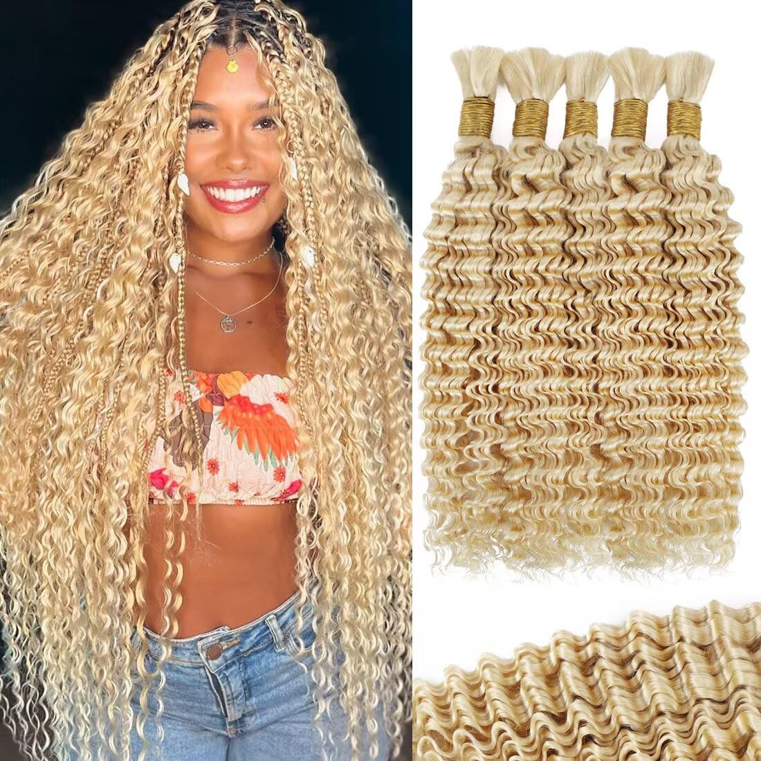 613 Blonde Human Braiding Hair for Boho Braids 160g 5 Bundles/Pack 16 Inch Curly Boho Hair for Braiding Knotless 12A Deep Wave Bulk Bohemian Color 613