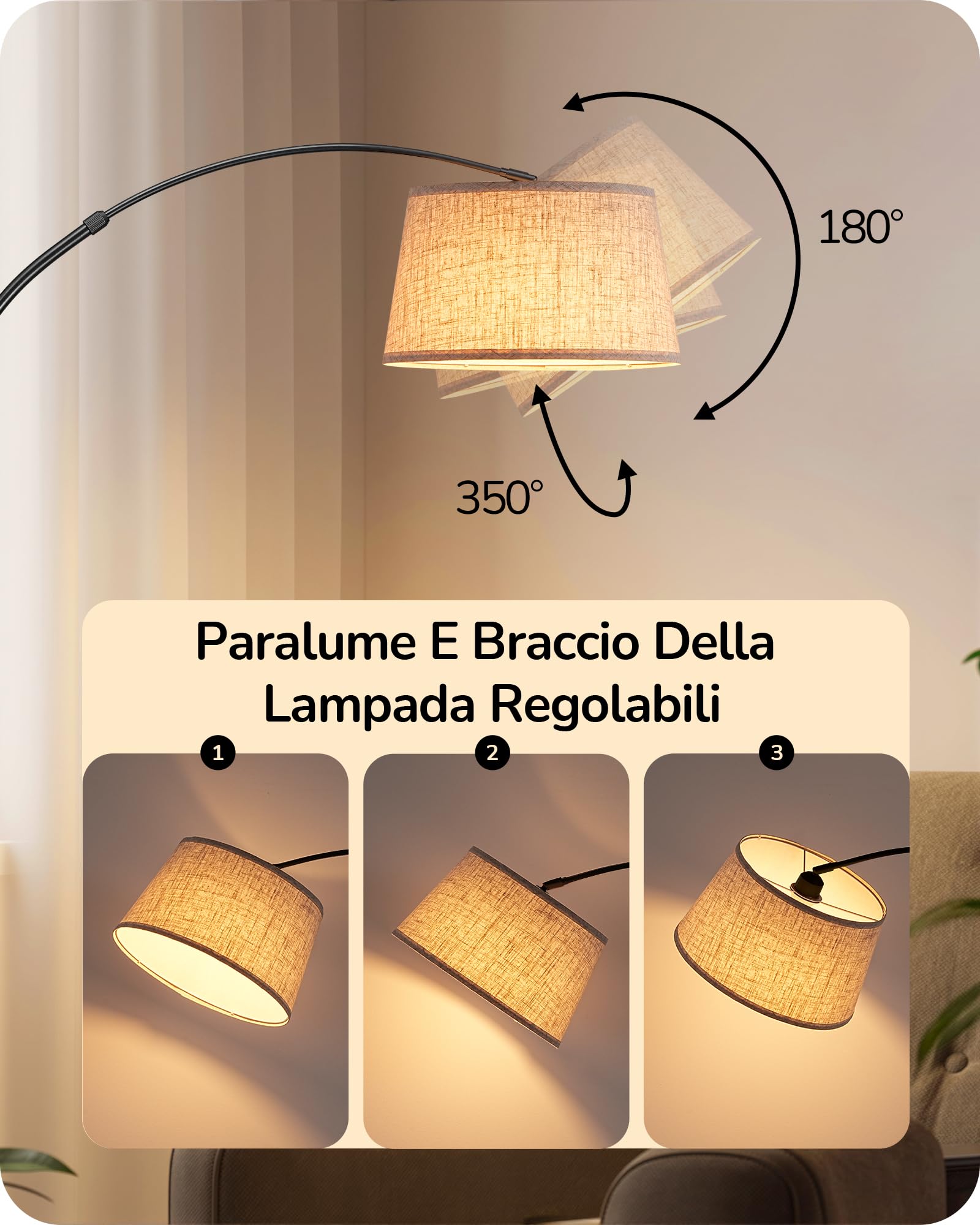 EDISHINE Lampada da Terra per Soggiorno, Altezza Regolabile 143-176 cm, Lampada ad Arco con Testa Rotante, Struttura in Metallo, Telecomando Magnetico, Dimmerabile, Attacco E27 con LED 9W Inclusa