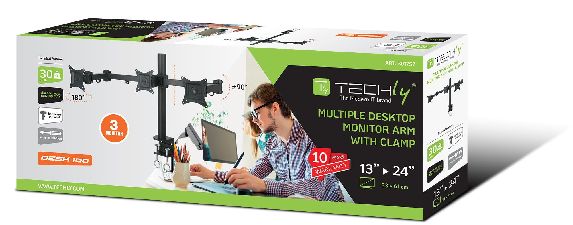 Techly 301757 Supporto da scrivania per 3 Monitor 13-24" con Morsetto Nero