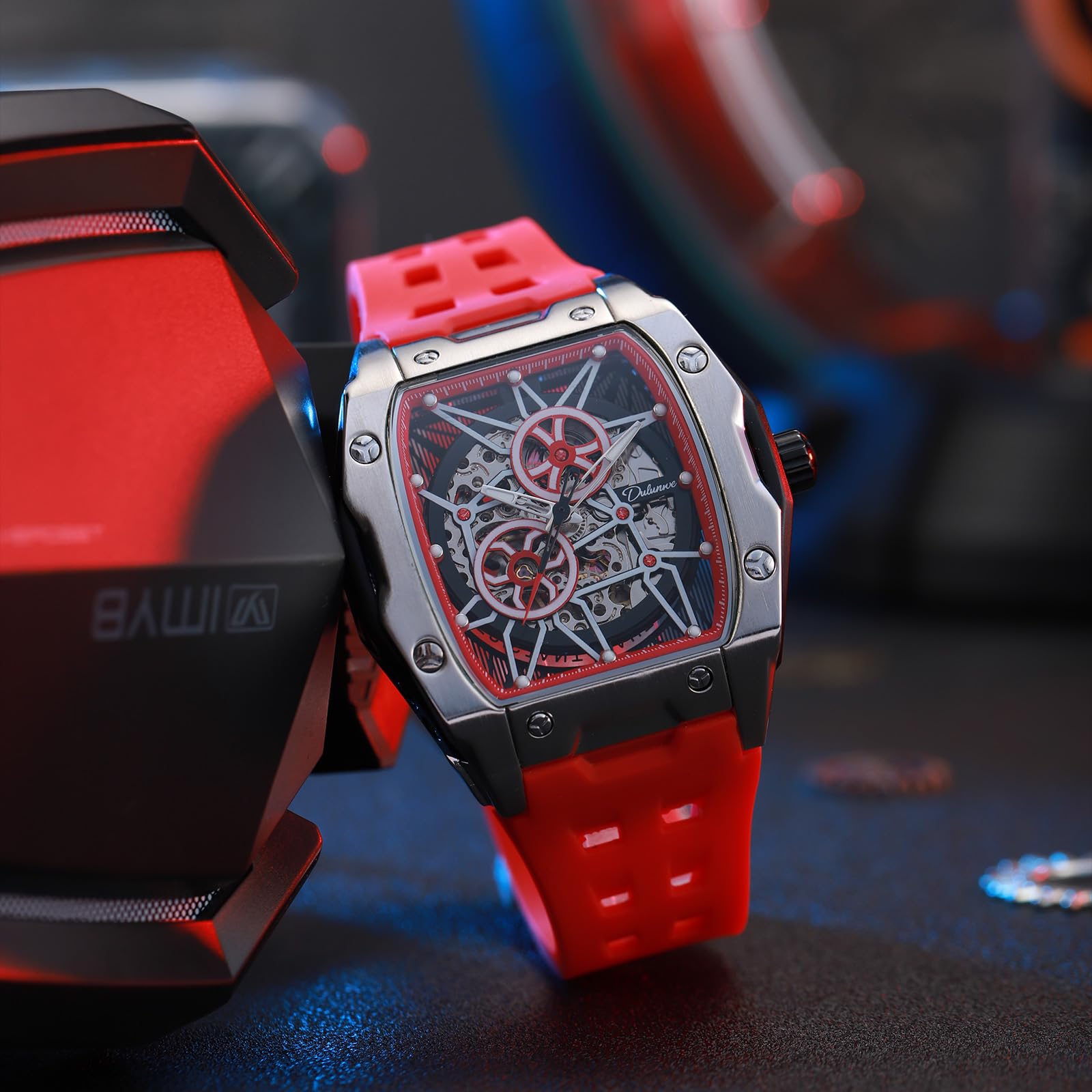 Reloj Mecánico Automático para Hombre Reloj de Barril/Tonneau Cuerda Automática Moda Hueco Azul Narino/Rojo/Negro/Blanco/Diseño Elegante Lmpermeable Luminoso(Rojo Plateado)