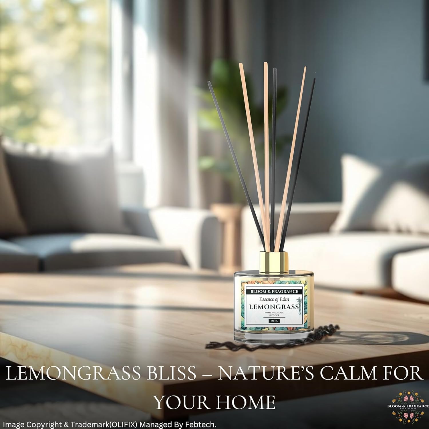 Lemongrass Reed Diffuser 4oz Glass Bottle with 6 Sticks | Toxin-Free, Long-Lasting Natural Fragrance for Stress Relief in Home, Office & Bathroom