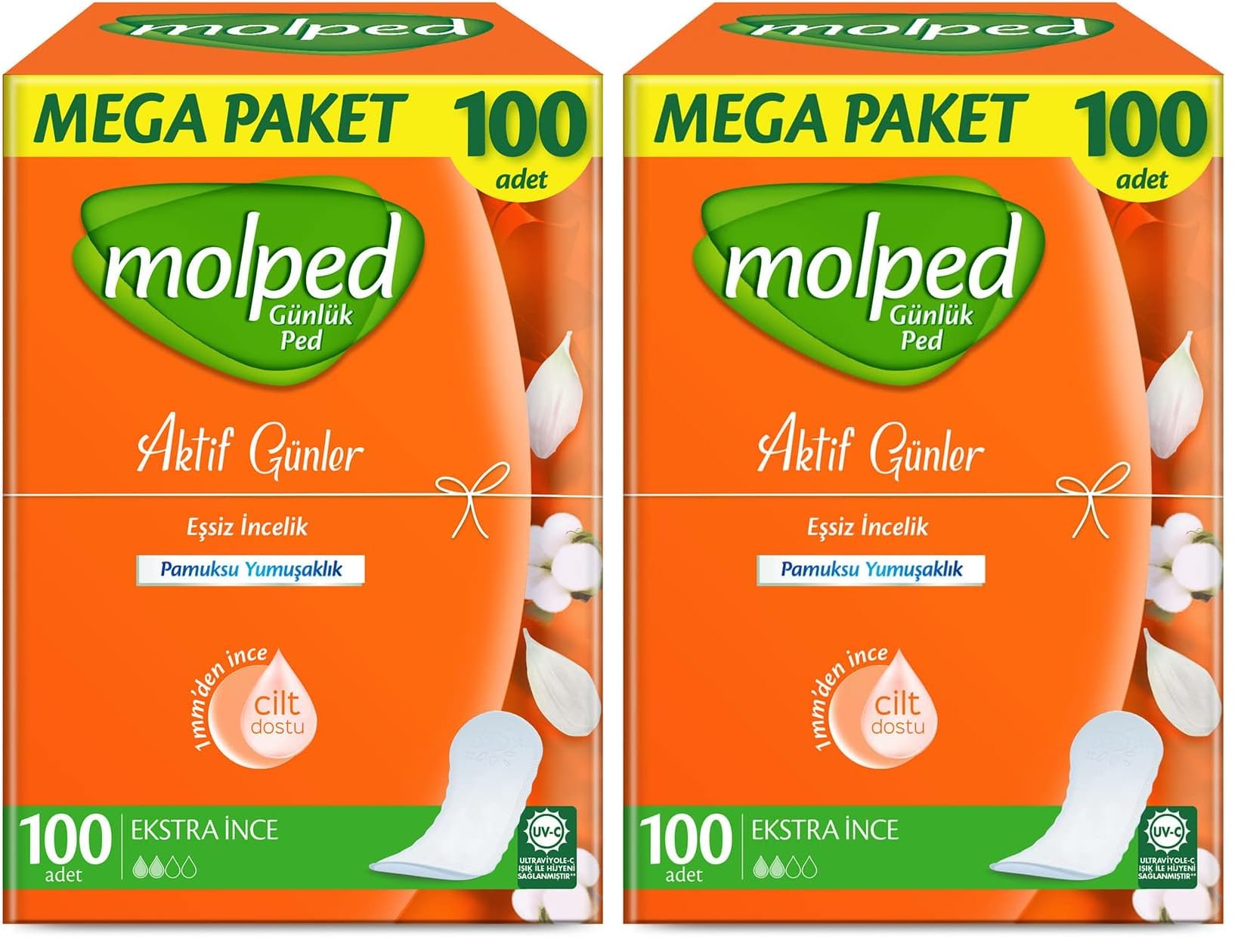 Molped Aktif Günler Günlük Ped Ultra Light Normal Mega Fırsat 100 Adet, Kanatsız (2 paketi)