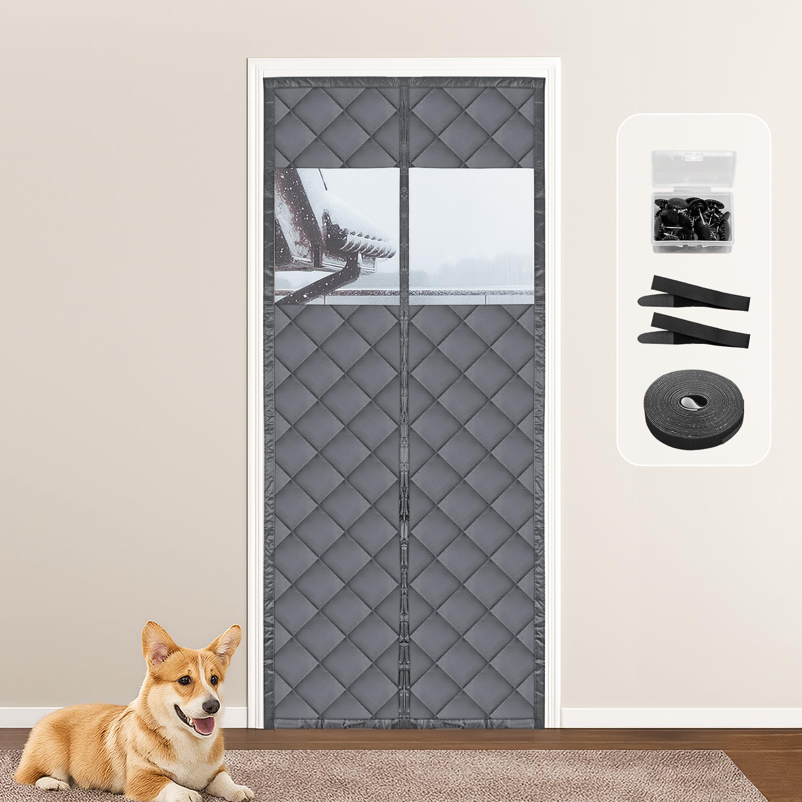 HOMGEN Magnetic Thermal Insulated Door Curtain for Winter, 97x208cm Visible No Drilling Door Covers