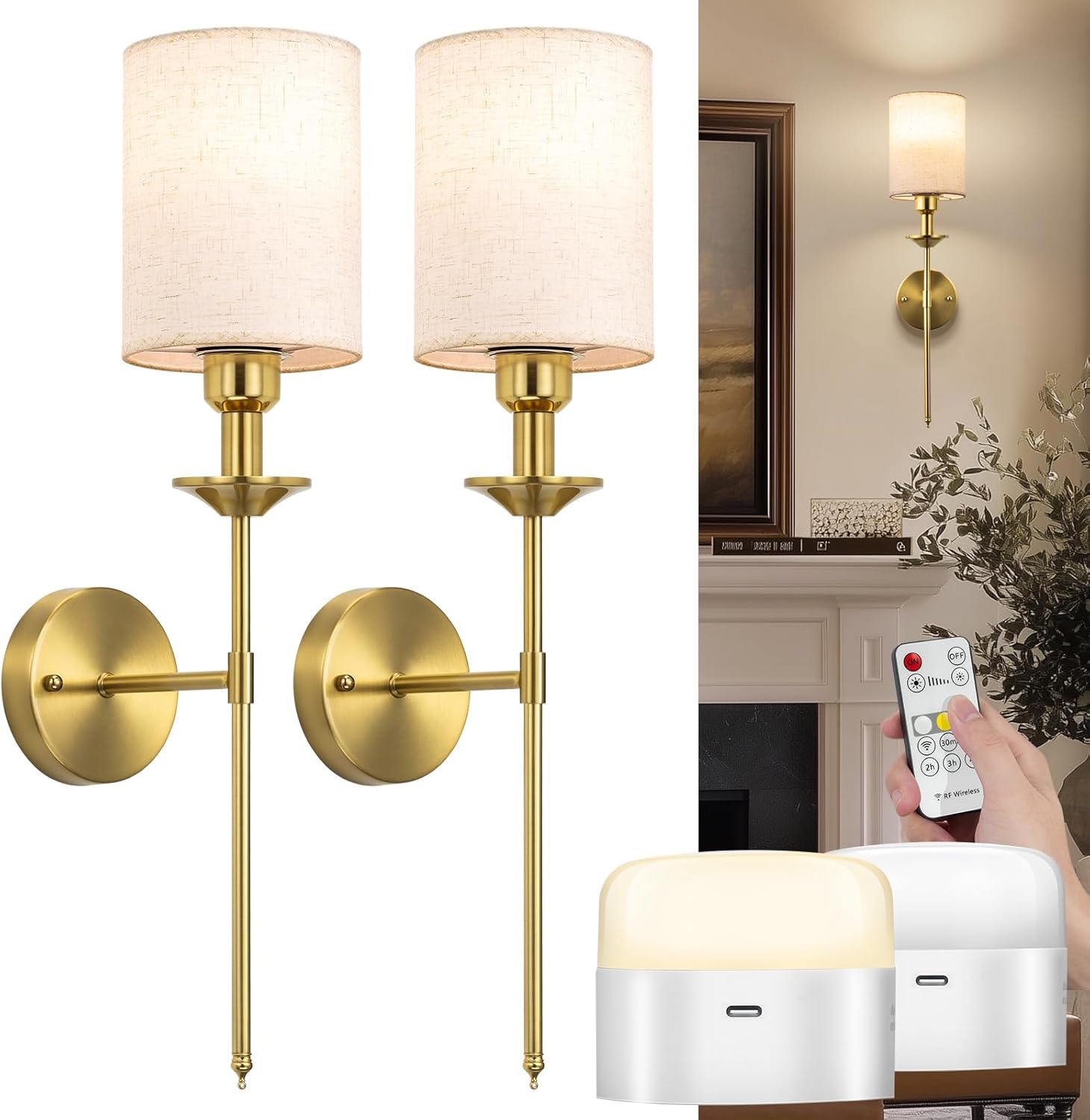 Battery Operated Wall Sconce, 13000mAH Rechargeable Wall Sconce Set of 2 with Remote 3 Colors Wireless Battery Powered Wall Lamp Decor Fixture for Bedroom Living Room