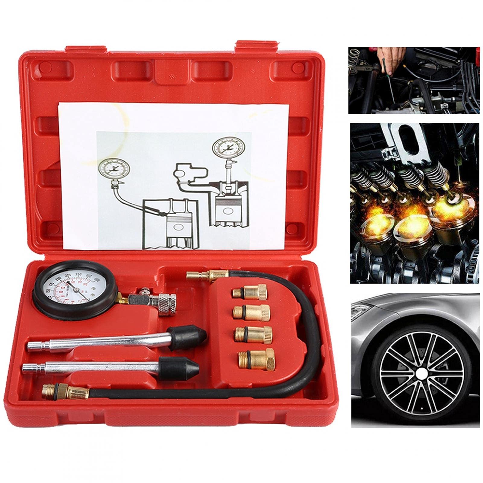Kit di Prova della Compressione del Motore, Kit di Prova della Pressione del Carburante Kit di misuratore del Tester di Compressione del Motore a Benzina Kit di Prova del Cilindro del Motore a benzi
