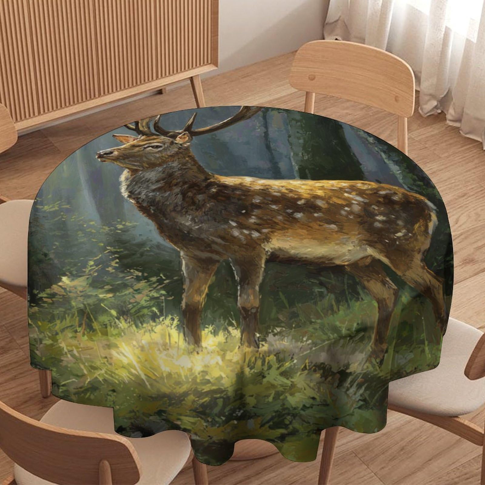 LUYYSKY Classic Fantasy Animal Deer Waterproof Round Tablecloth Realistic Watercolor Natural Botanical Forest Wildlife Elk Pattern Washable Table Cover for Kitchen-91.4" Wx91.4 L cm