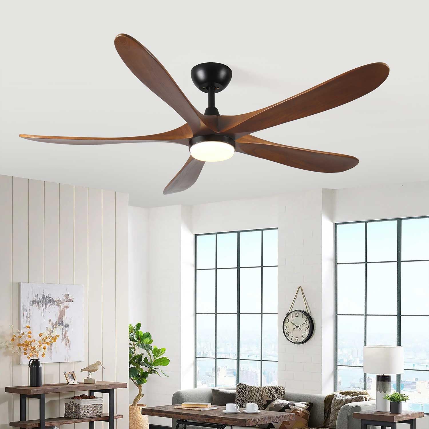 62" Solid Wood Ceiling Fan with Lights and Remote, 5 Blades Walnut Fans for Indoor Outdoor Patios Living Room Bedroom, Mid Century Modern Ceiling Fans with Quiet Reversible Motor, 3 Color LED, Brown