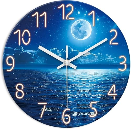 XFM Reloj de pared azul con pilas, 12 pulgadas, luna, océano, cristal, silencioso, sin tictac, moderno, decorativo, para cocina, dormitorio,