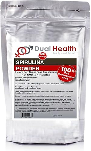 Dual Health Body and Mind Polvo de espirulina pura (5 libras) Proteína Superfood Suplementos a granel
