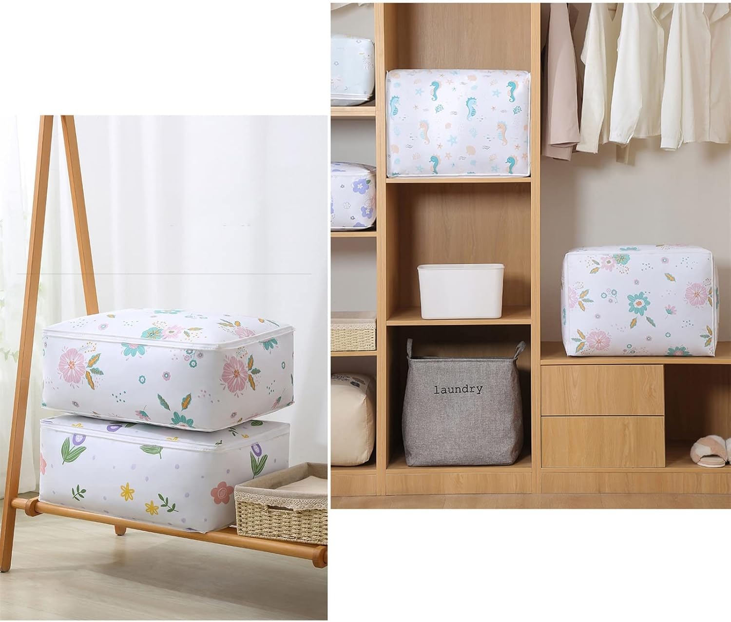 CAZOY Storage Bags Large Capacity, Moving Foldable Space Saver Bags for Clothing, Portable Clothes Closet Organizer Containers for Under-Bed Storage, 3 Pieces (Color : C, Size : 27.6X9.8x19.7in)