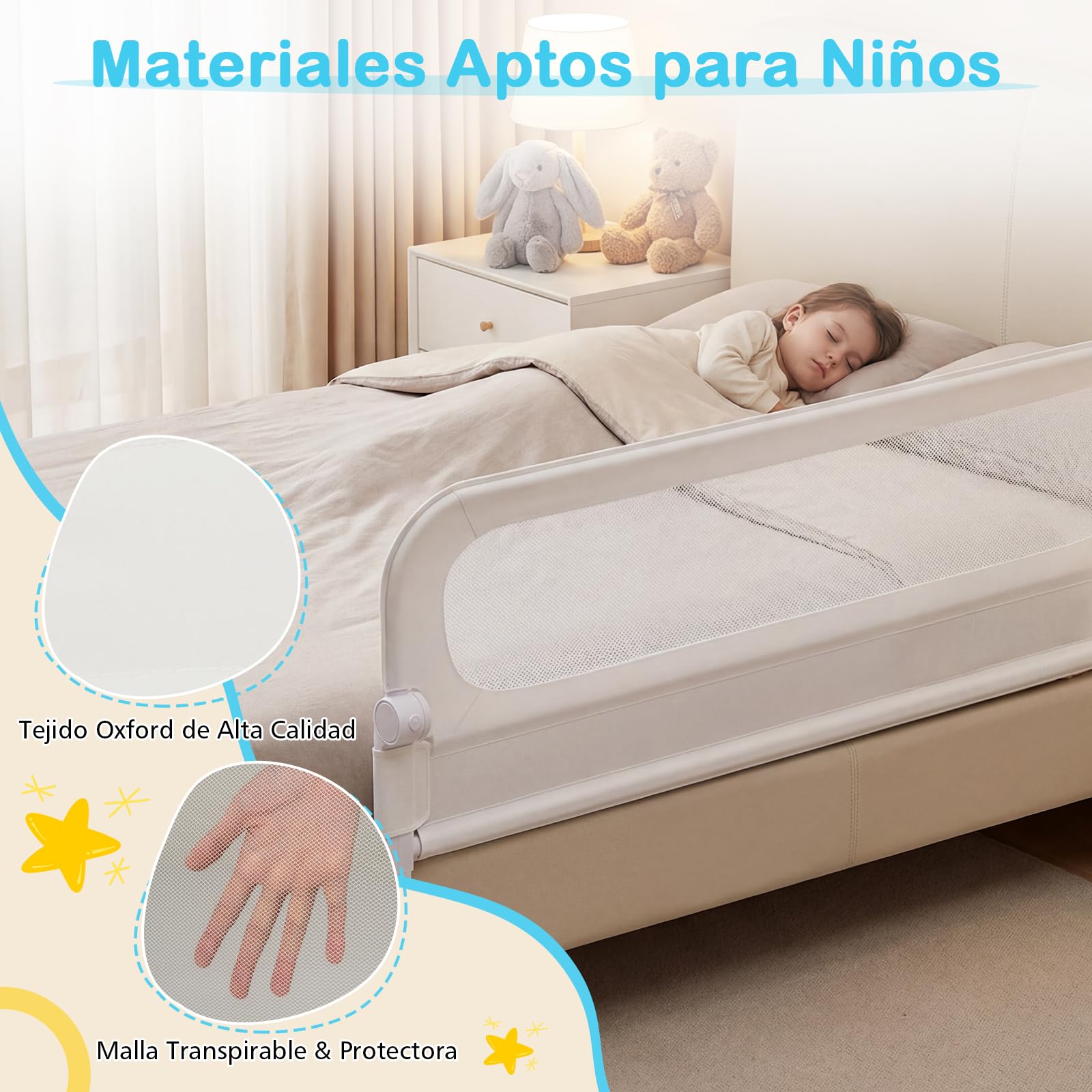 COSTWAY Barrera Seguridad Niños, Barandilla Plegable para Cama, Barandilla de Seguridad Ajustable dcon Funda Extraíble de Tejido Oxford y Base Robusta en Forma de U (Blanco,150 x 60 cm)