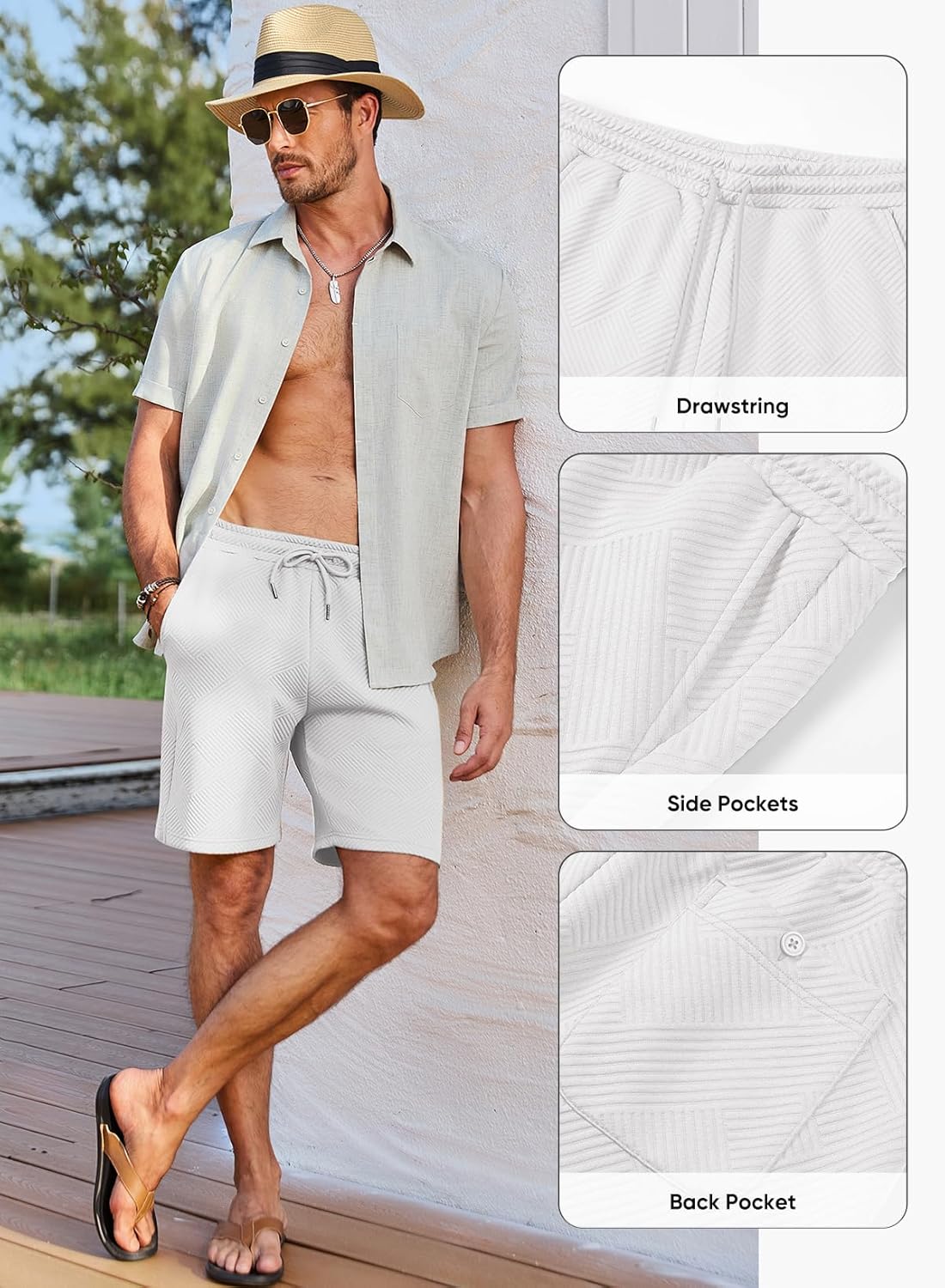 JMIERR Mens Casual 7" Shorts Summer Drawstring Elastic Waist Beach Sweat Shorts Texture with Pockets Medium White image 5 of 9 B0DJKKLJJ6