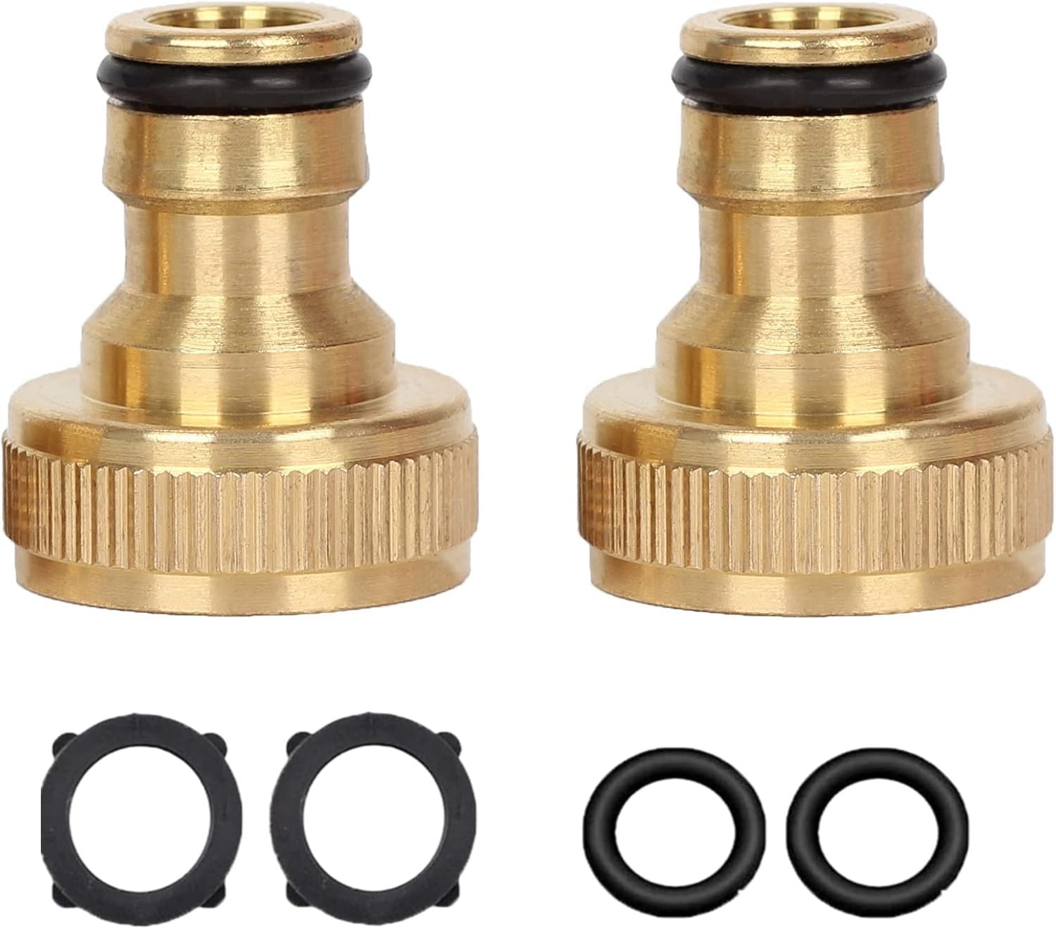 2 Pack 3/4 Inch Brass Garden Hose Tap Connector, Female Threaded Faucet Adapter, Solid Brass Tap to Hose Fitting with Extra Rubber Washers, Leak-Proof for Outdoor Tap, Car Wash, Lawn Watering