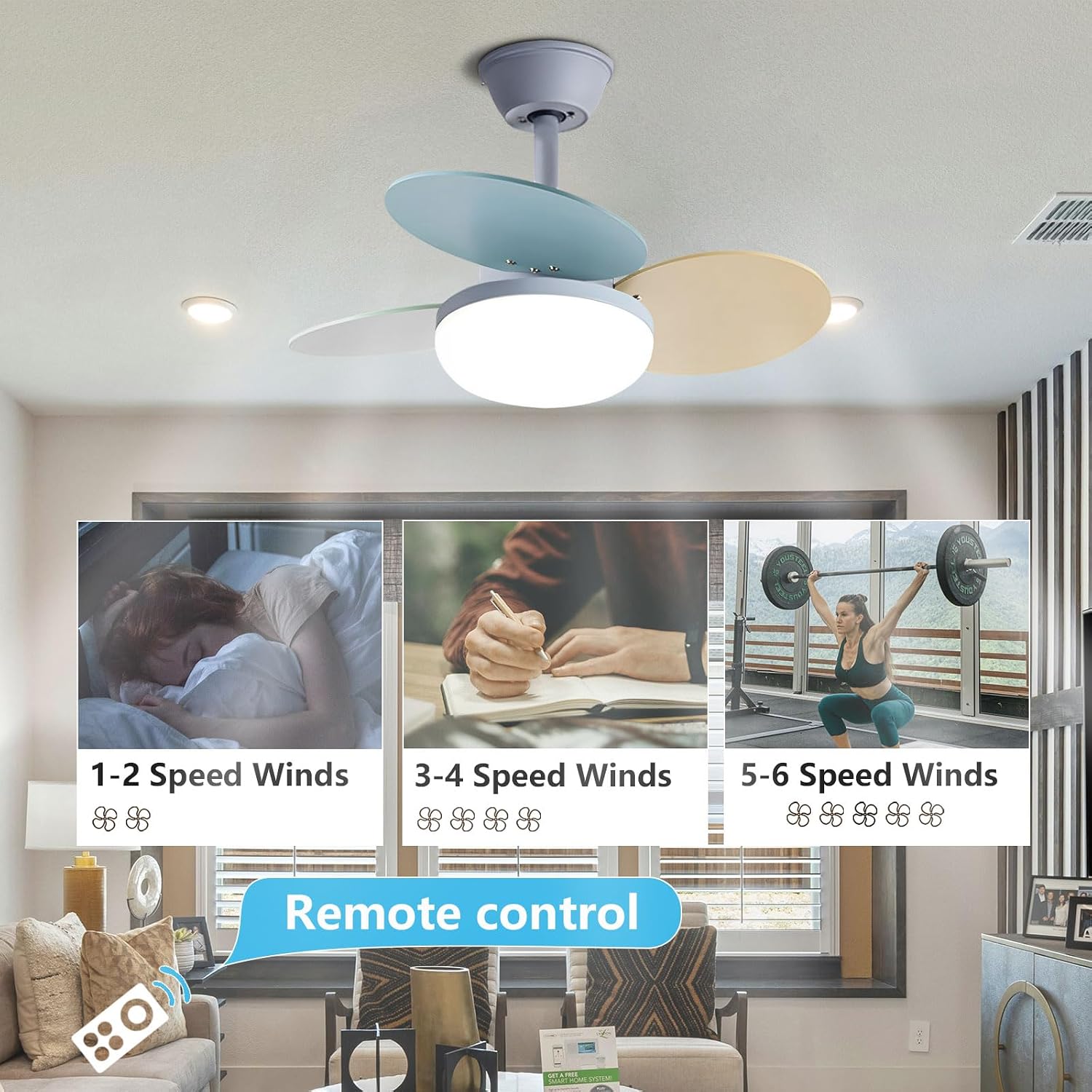 Kids Room Ceiling Fan with Light Remote 30 Inch Ceiling Fans with 24W LED Lights 6 Speeds Quiet Ceiling Fan with DC Motor, Plywood Blades Children's Bedroom Ceiling Fan with Light
