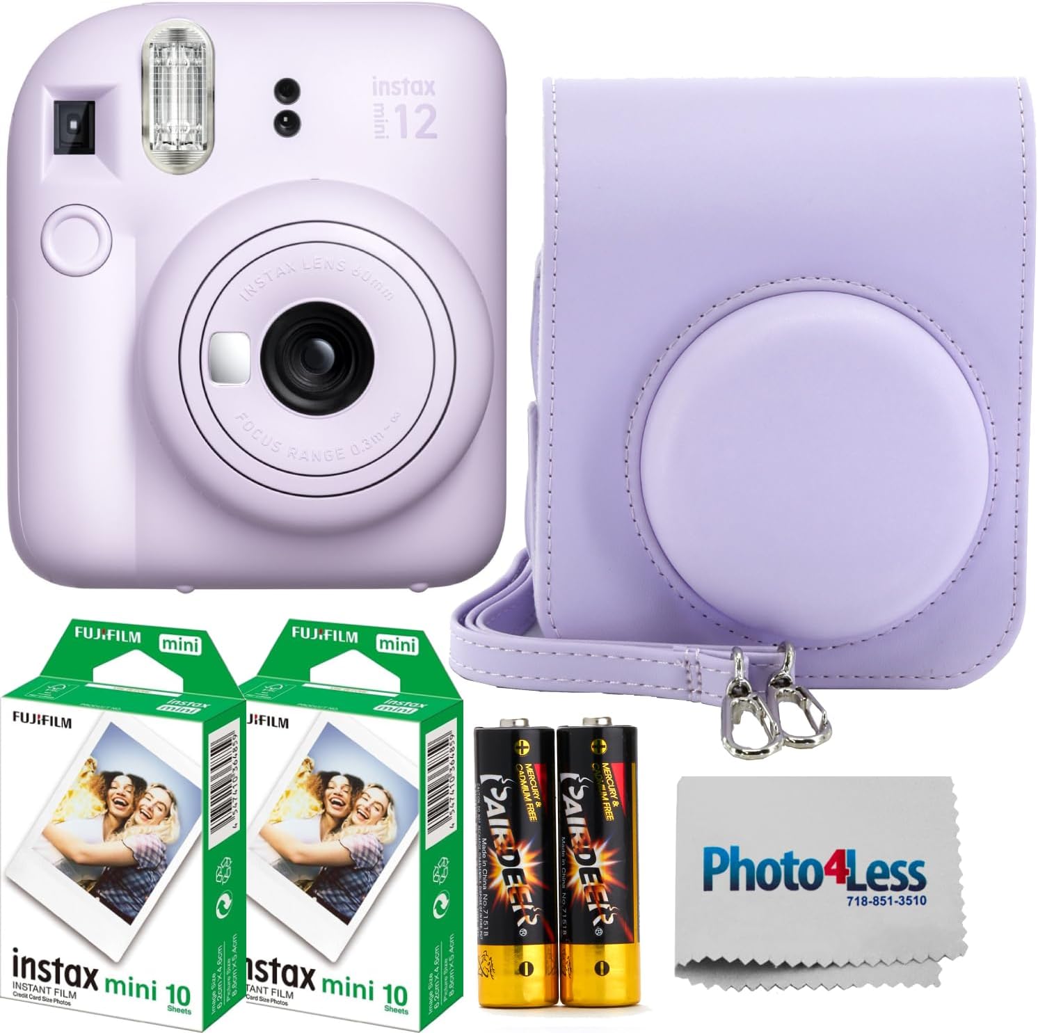Instax Mini 12 Instant Film Camera Lilac Purple, Fujifilm Instax Mini Twin Pack Instant Film 20 Sheets, Case, Accessory Bundle