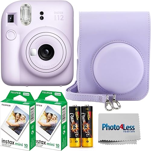 Fujifilm Instax Mini 12 Cámara instantánea de película lila púrpura, Fujifilm Instax Mini Twin Pack película instantánea 20 hojas, estuche, paquete