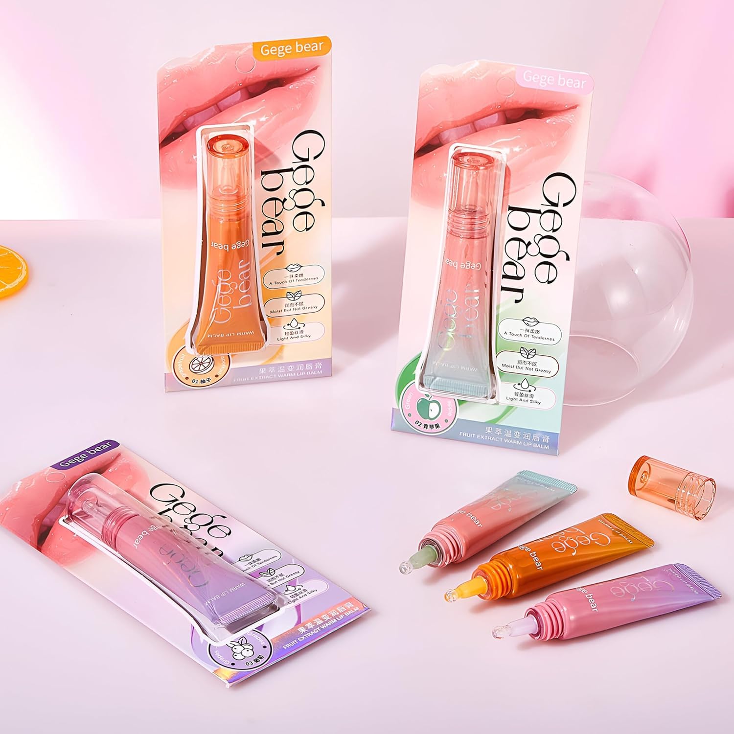 Gege Bear Fruit Extract Hydrating Lip Balm | Non-Sticky Long-Lasting Lip Glaze | 3 Color-Changing Shades | Glossy Bold Finish | Moisturizing Tint for Women | Soft, Plump & Kiss Candy | Perfect for Dry Lips And Smooth Feel Texture (02#Green Apple, 10g)-image-49