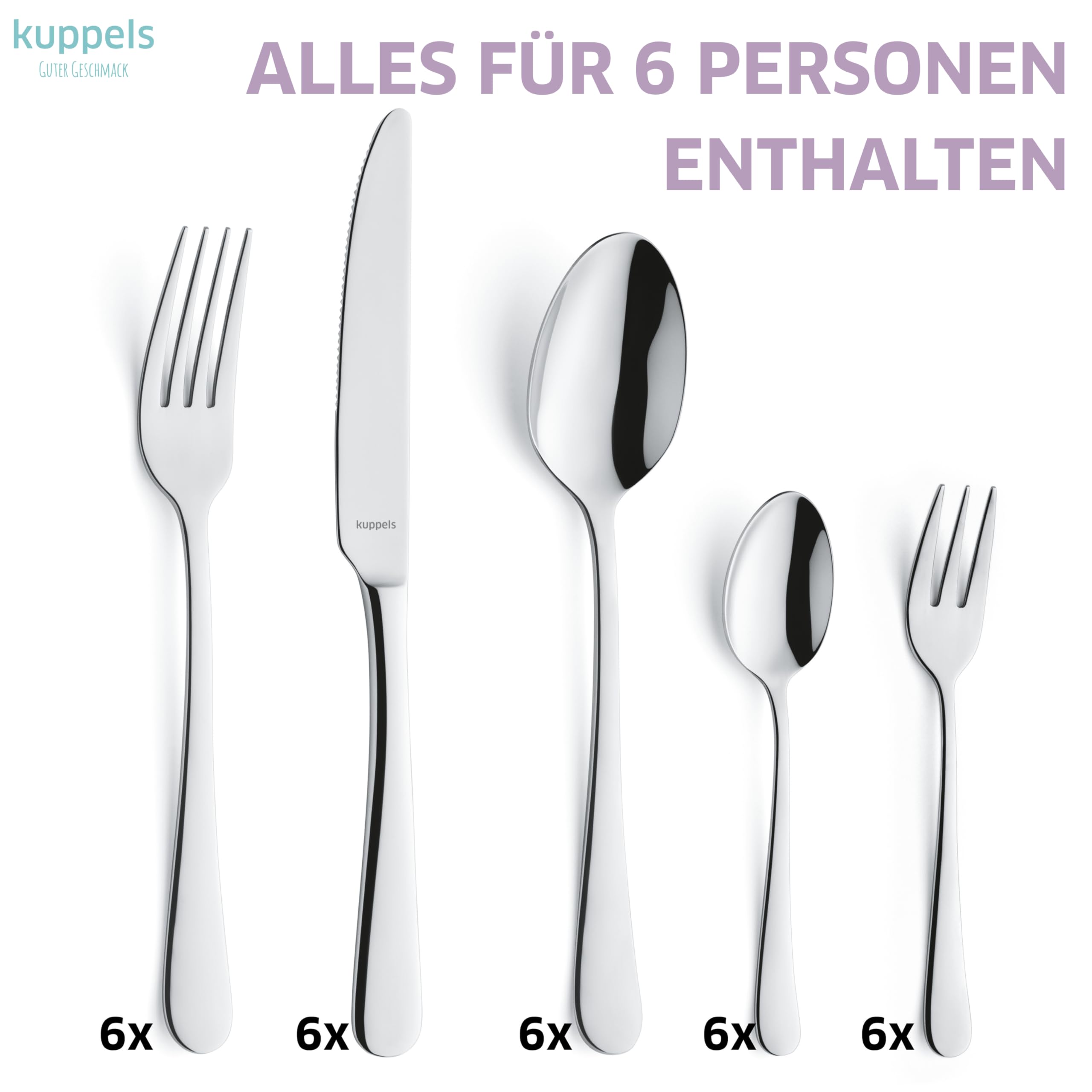 Kuppels Delia Besteck Set 30-tlg, 6 Personen, Edelstahl hochglanzpoliert | Menümesser, Menügabeln, Menülöffel, Kaffeelöffel, Kuchengabeln, spülmaschinenfest, modernes glamouröses Design