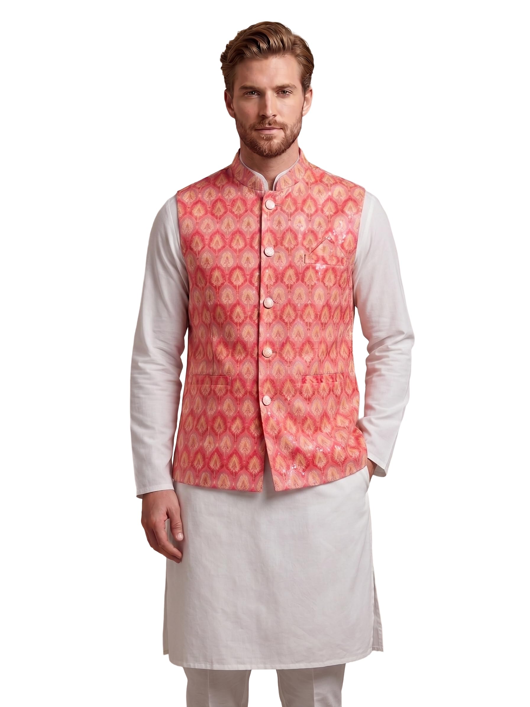 Men's Lucknowi Embroidered Nehru Jacket | Ethnic Sleeveless Waistcoat | Traditional Bandhgala Koti for Wedding & Festivals (Peach Pink/Multicolour)-image-30