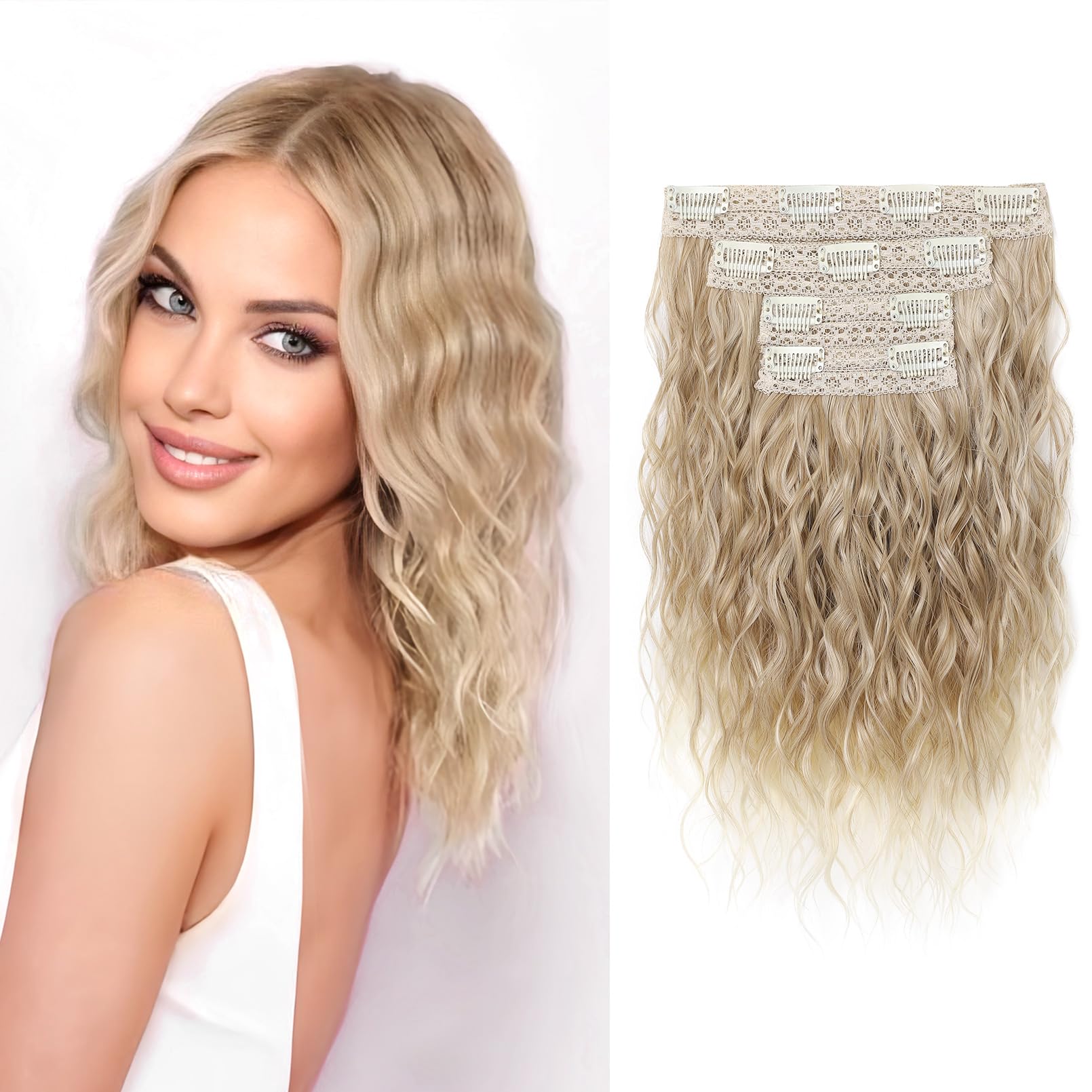 REECHO Clip in Hair Extensions, 4PCS Hair Extensions 12" Short Curly Wavy Blonde hair extensions Invisible Lace Weft Natural Soft Hairpieces for Women