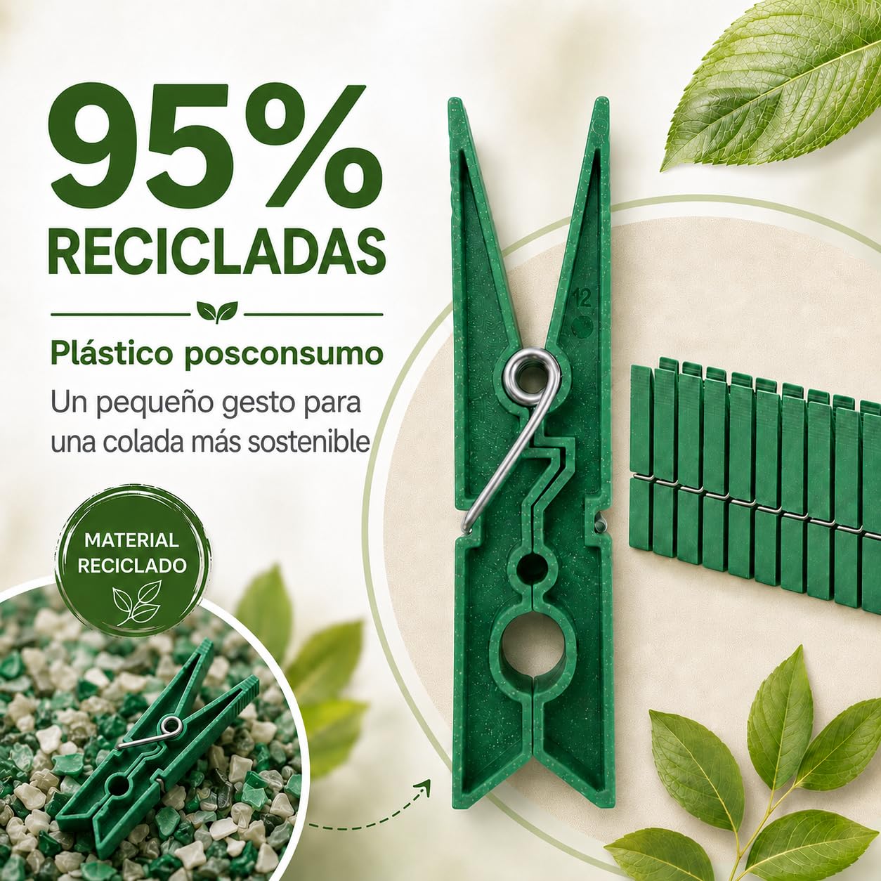 Today Eco – 40 Pinzas Ropa Grandes de plástico Reciclado 95%, Resistentes, antióxido, Anti-Viento, no Dejan Marca – para tendedero Exterior