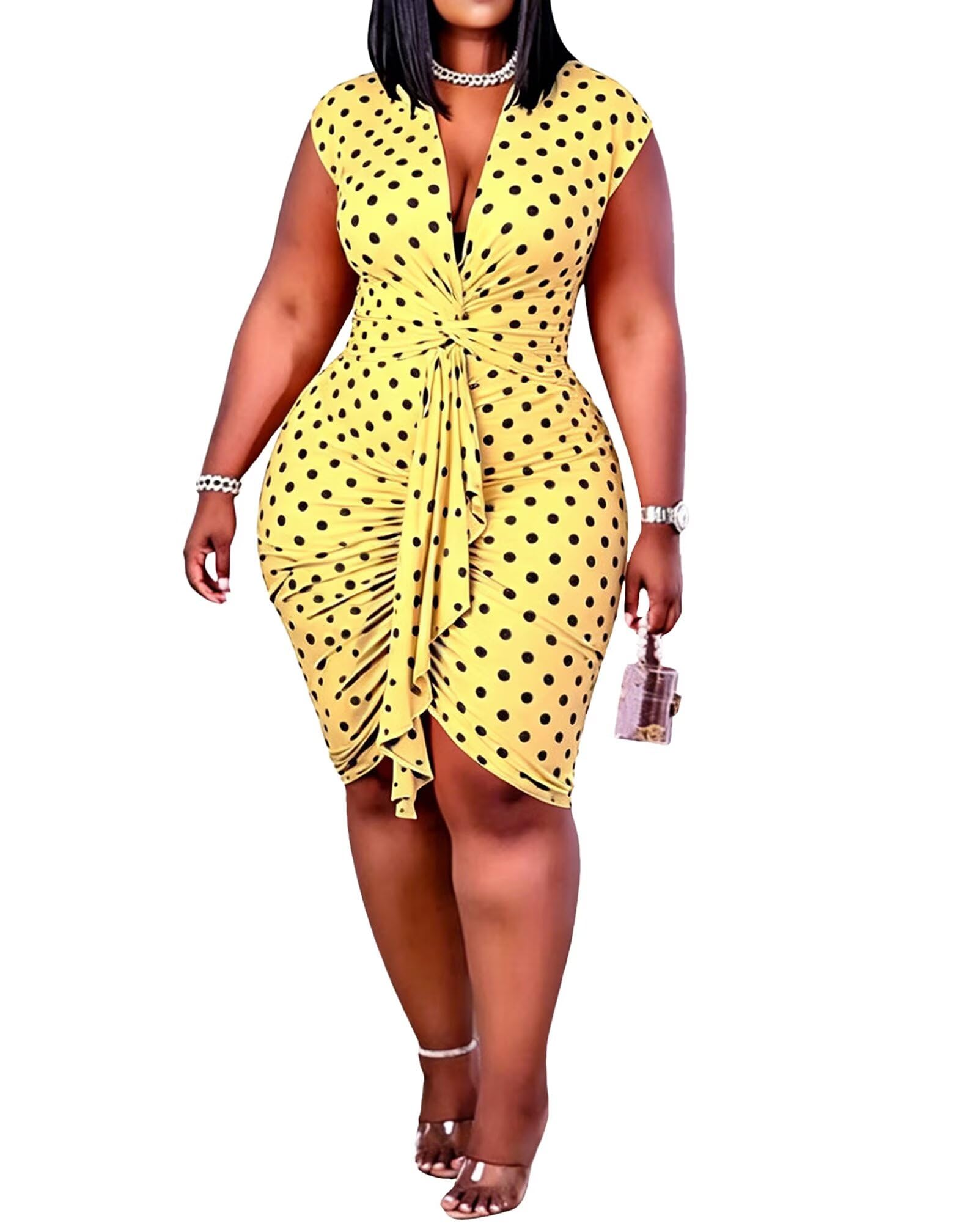 IyMoo Women's Sexy Plus Size Bodycon Drawstring Ruched Mini Club Dress