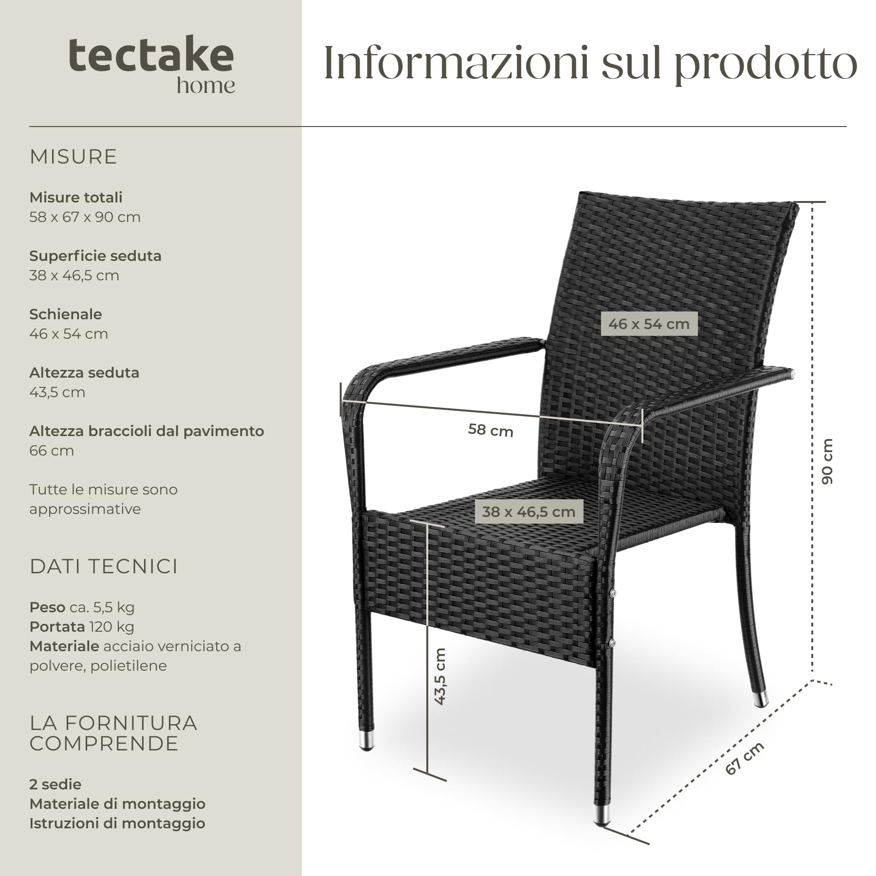tectake® Set di 2 Sedie in Rattan, Impilabile, Rattan Resistente alle Intemperie, Schienale Alto, Struttura in Acciaio, Set Sedie Sala da Pranzo 2, Comfort e Stabilità per Interni ed Esterni, Nero
