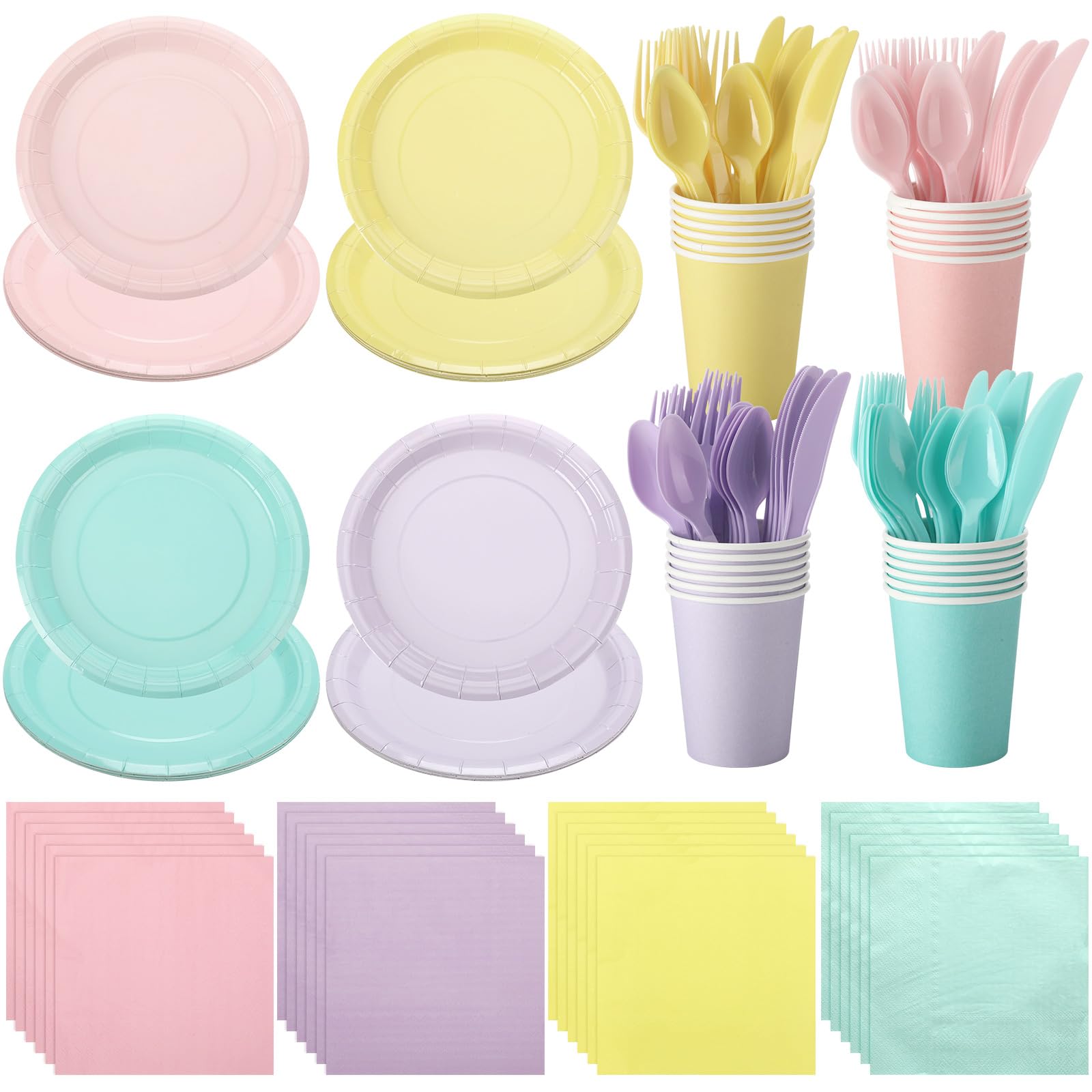 Mifoci 96 Pcs Pastel Disposable Dinnerware Set Include Pastel Paper Plates Cups Napkins Plastic Knives Forks Spoons Macaron Color Party Supplies for