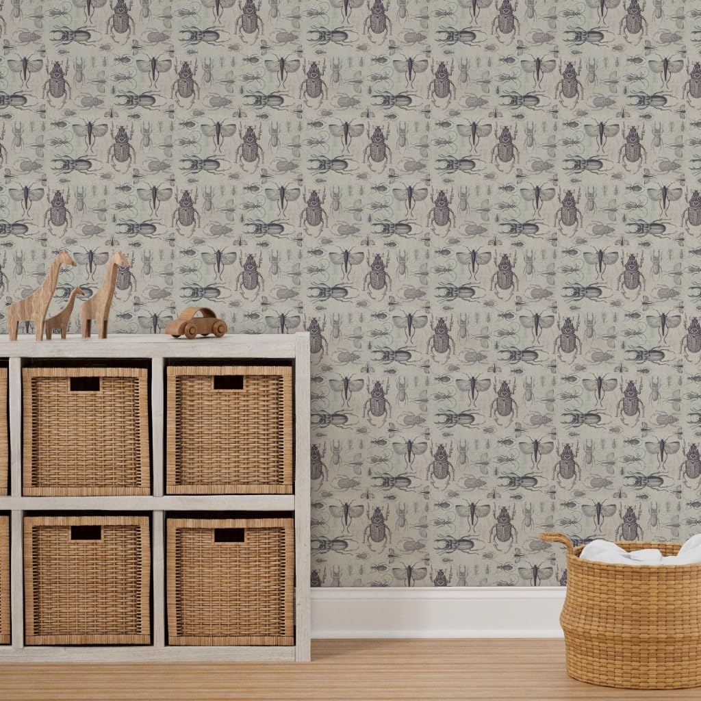 Peel & Stick Wallpaper 9ft x 2ft - Vintage Bugs Brown Retro Khaki Tan Bug Insect Entomology Science Custom Removable Wallpaper by Spoonflower